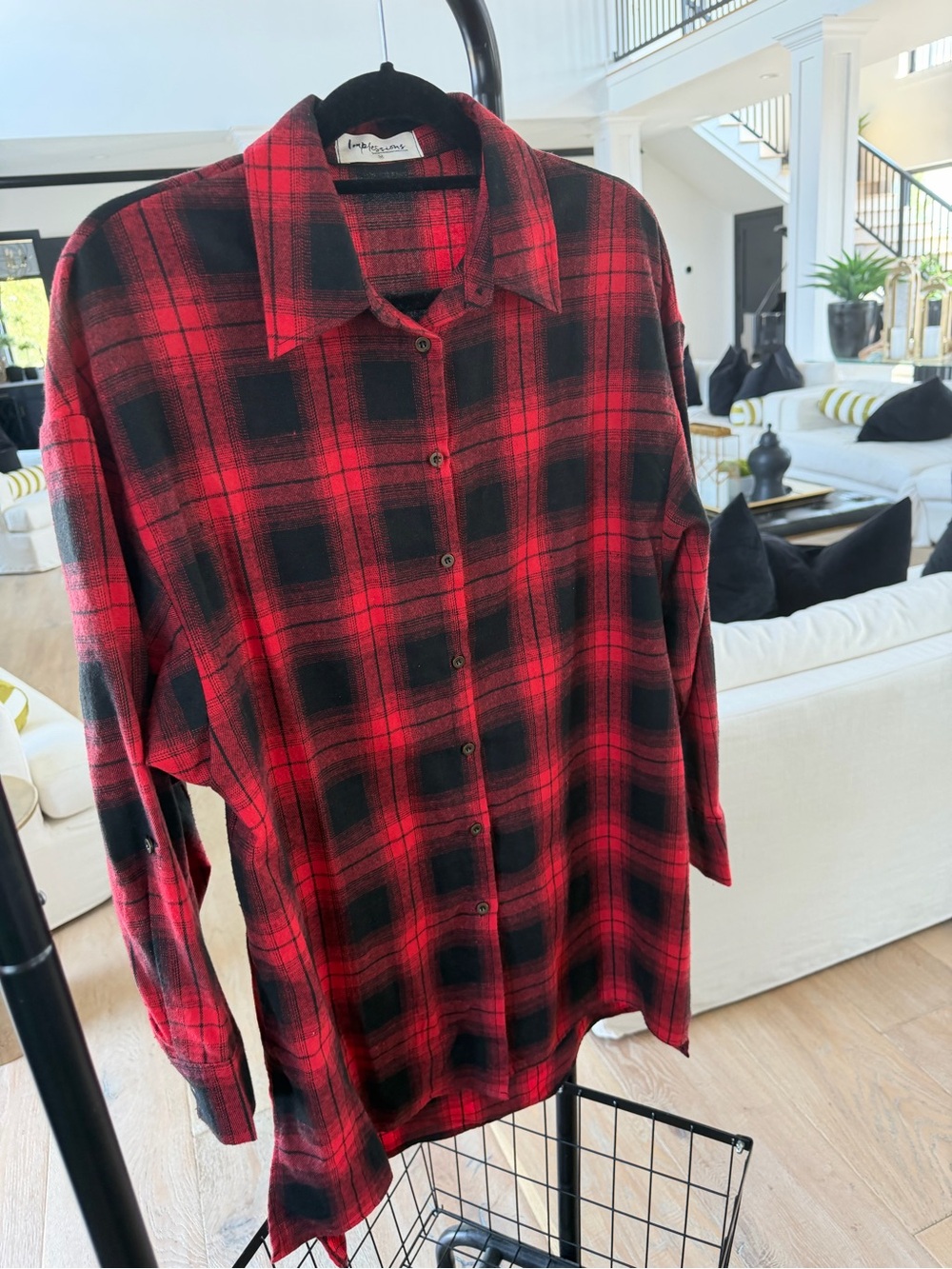 Impressions Red Black Plaid Button Down Shirt